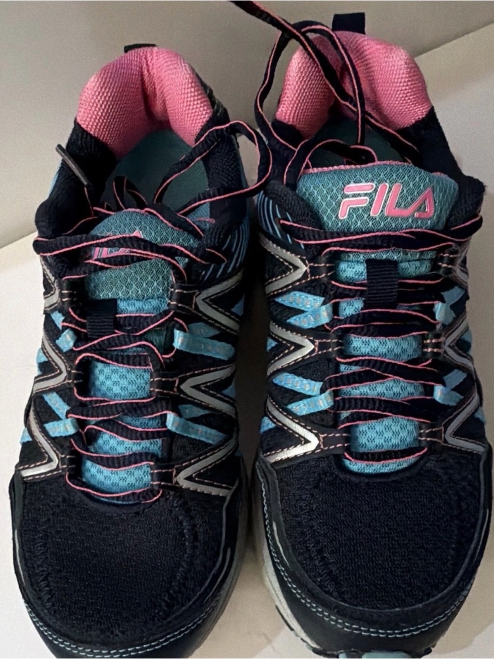 Fila Women’s Black and Teal Athletic Sneakers with Pink Accents